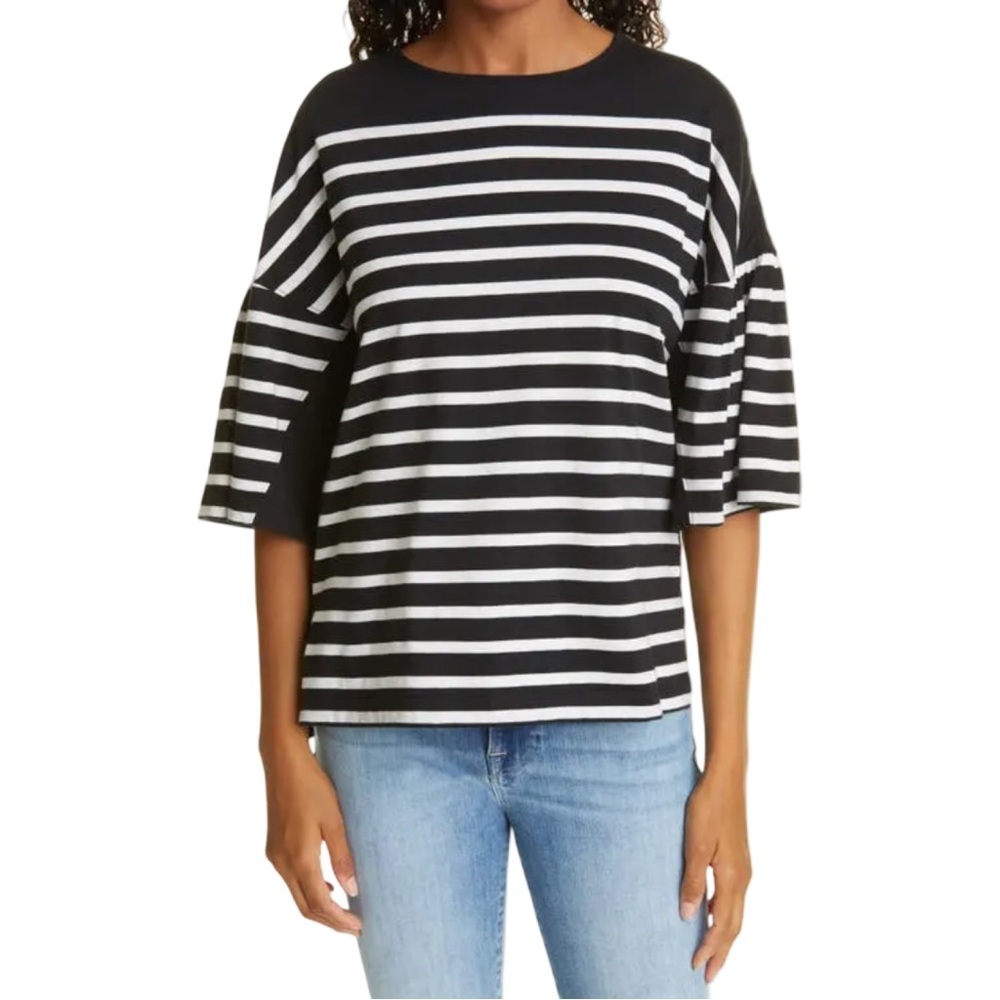 LA LIGNE Striped Cotton Tee Crewneck Elbow-Length Sleeves Black & White Size XS
